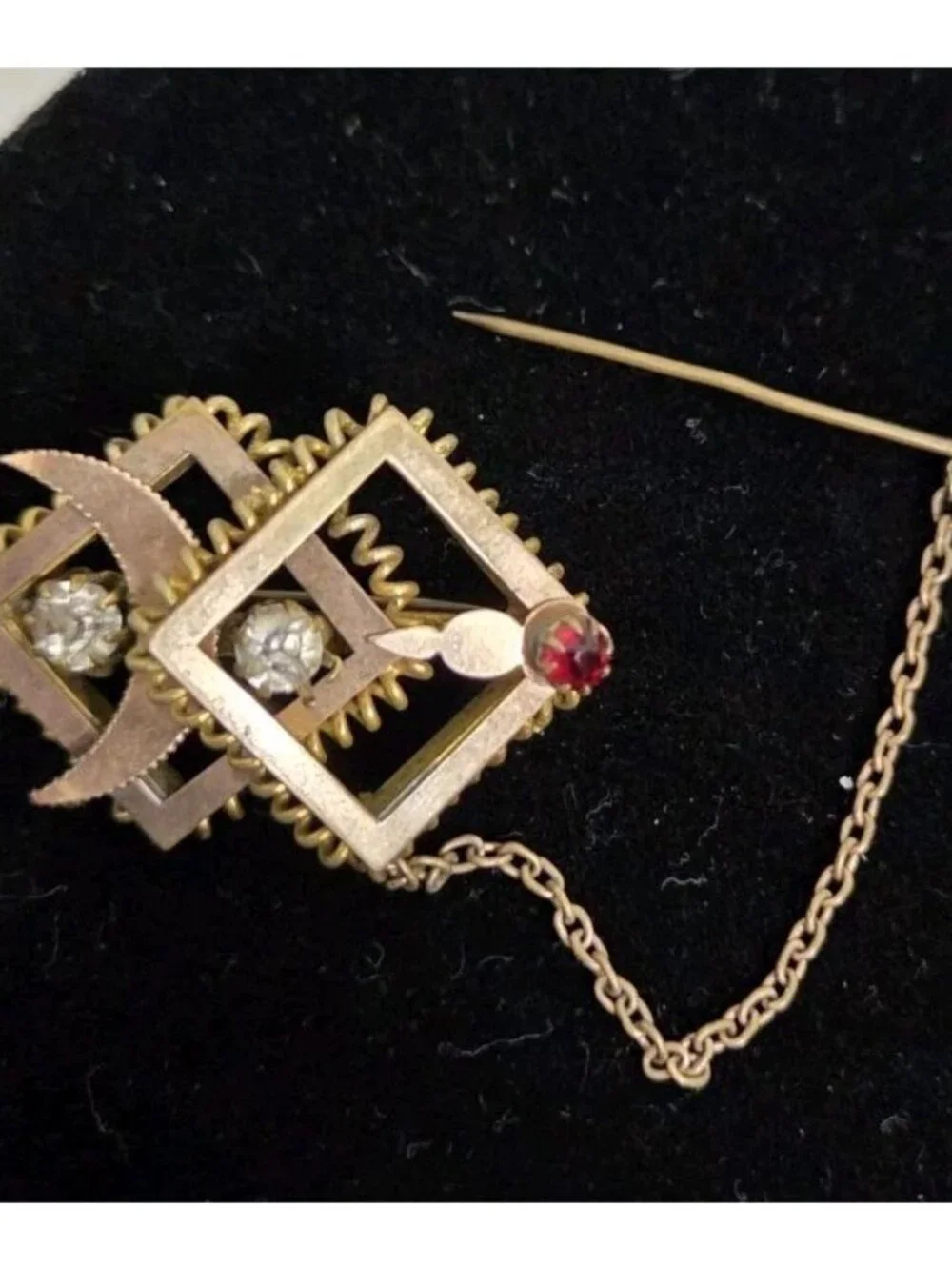 Antique Victorian Gilt Brass Brooch Paste Stones & Red Glass, Added Safety Chain - Picture 2 of 16